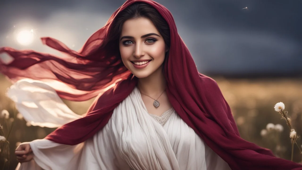 Hyper Realistic Close-up-view of a Beautiful-Young-Happy-Pashto-Woman-with-beautiful-eyes-Smiling with-white-dress-with-maroon-shawl & breeze-whirling in a cotton-field & cloudy-night-&-moonlight showing dramatic & cinematic ambiance