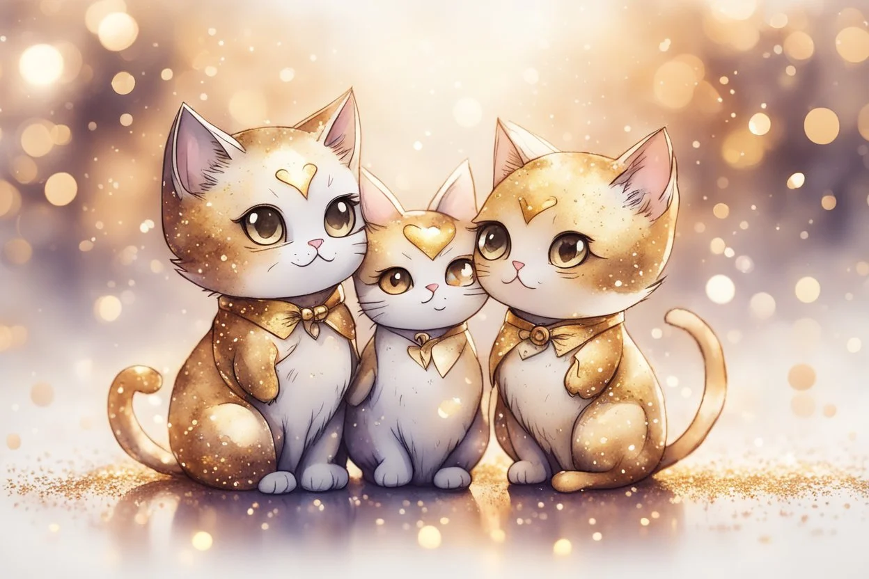 cute chibi cat couple, heart and love, watercolor and black ink outlines, sparkling golden glitter, ethereal, cinematic postprocessing, bokeh, dof