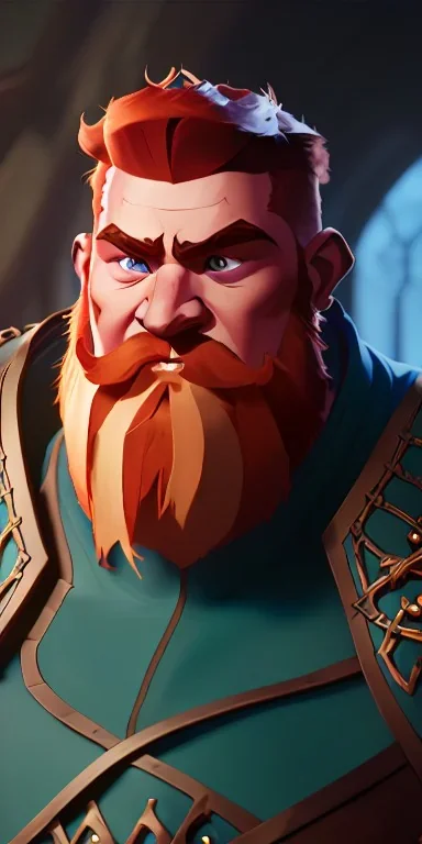 A high detail, high definition dungeons and dragons character design of a short dwarf male warrior who has a strong build, a thick ginger beard, long ginger hair, and wearing metal plated armor with pauldrons