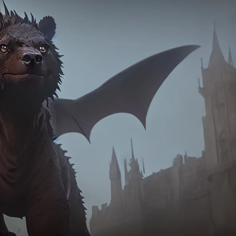 Realistic Dragon Bear in a medieval city, dark themed, Photorealism, cinematic