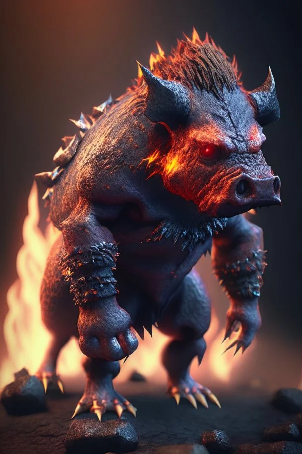 Lava boar humanoid fused , 8k, highly detailed, small minutiae, tiny features, hires, 8k, uhd, realistic shaded volumetric lighting, volumetric, color scheme, toned colors, colorful