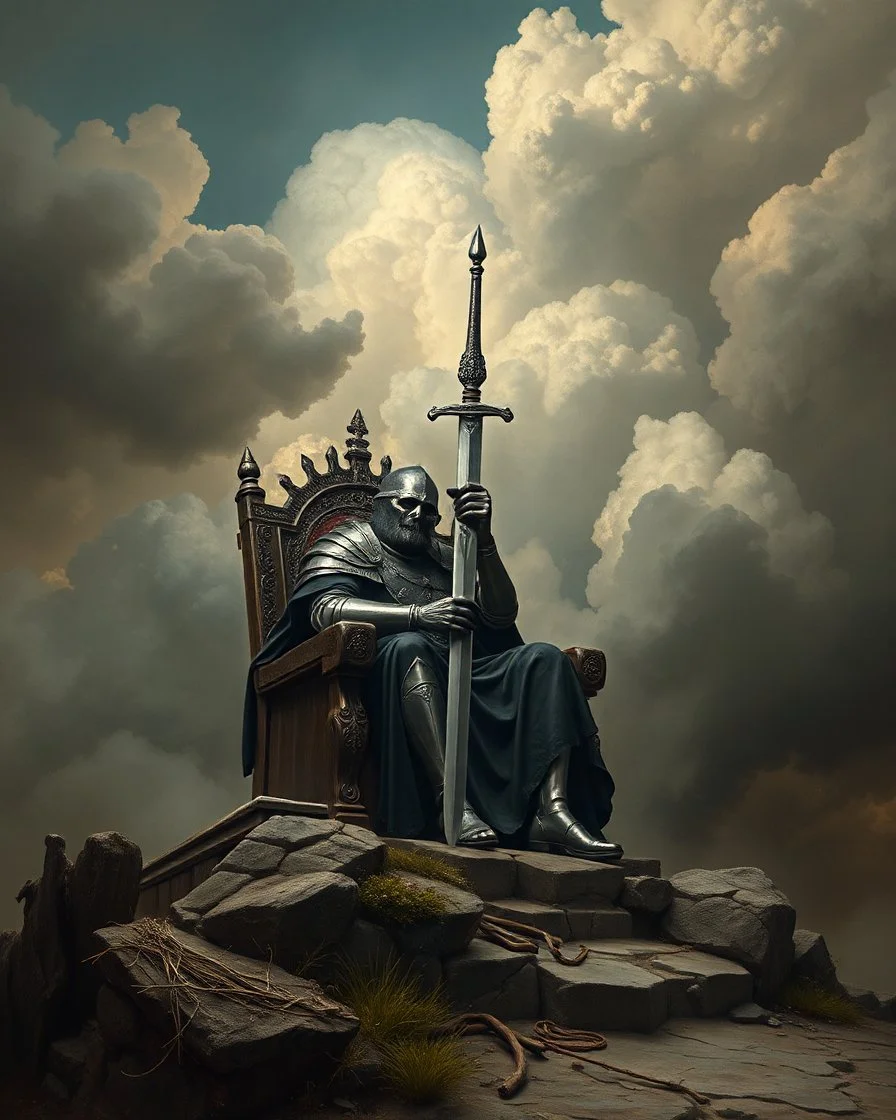 Bosch painting style, nightmare , the king with a sword sitting on a throne , great quality picture with cinematic scenes , heavy clouds in the background