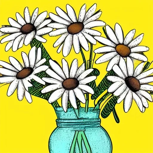 illustration of a bouquet of daisies, digital illustration, pastel colors, plain yellow background, minimalist art