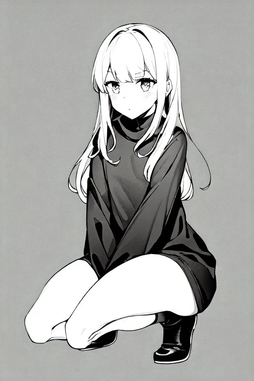 little blonde girl crouched down., grayscale