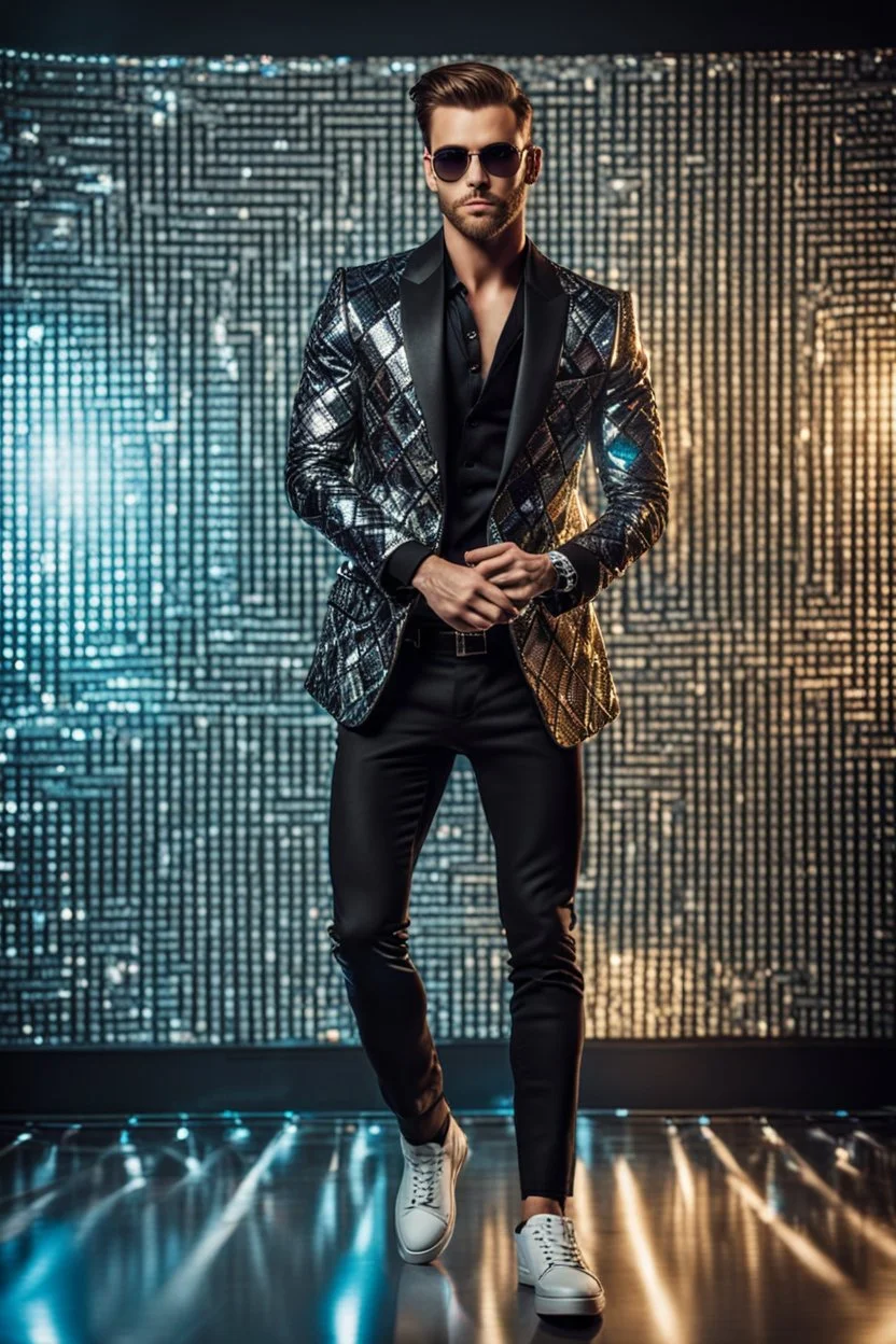 Full body Real photography handsome man super model European on fashion style dressing luxury jacket diamonds patterns,sunglasses,turn on music DJ player in disco club