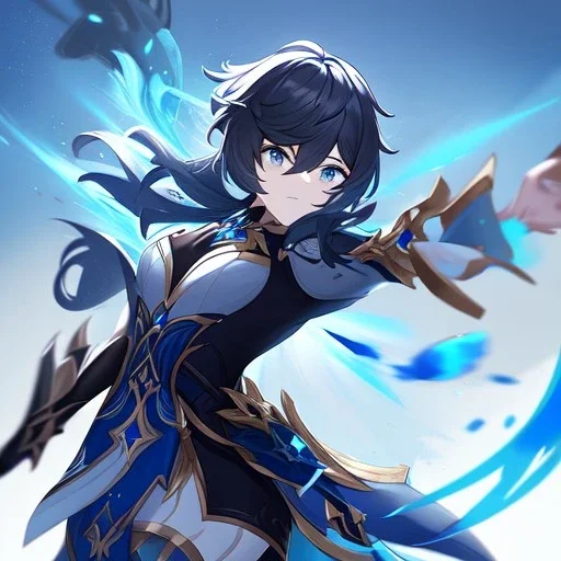 Genshin woman, Clear Focus High resolution, Calm Background, Light skinned woman, Black long beatiful hair, Dark blue sparkling eyes, Very Beatiful Face, Splash art, Battle Scene Epic
