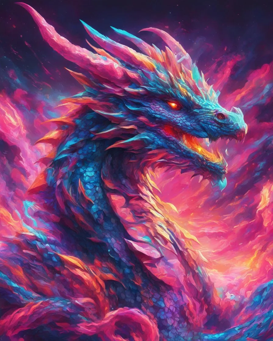 Close up shot, Dragon in a vibrant synthwave dreamscape, neon chaos swirling energetically around pixelated forms, a dynamic fusion of retro gaming nostalgia and futuristic abstraction