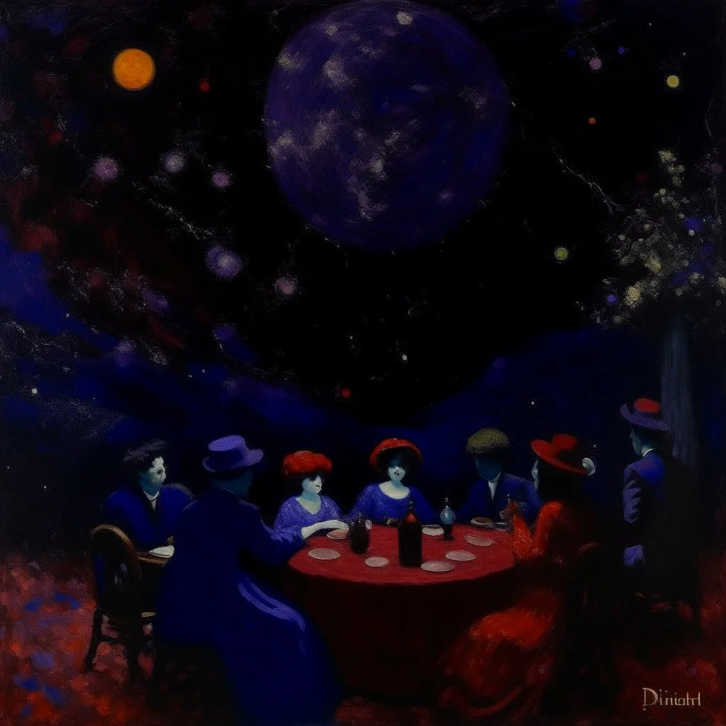 A dark purple party in the cosmos painted by Claude Monet