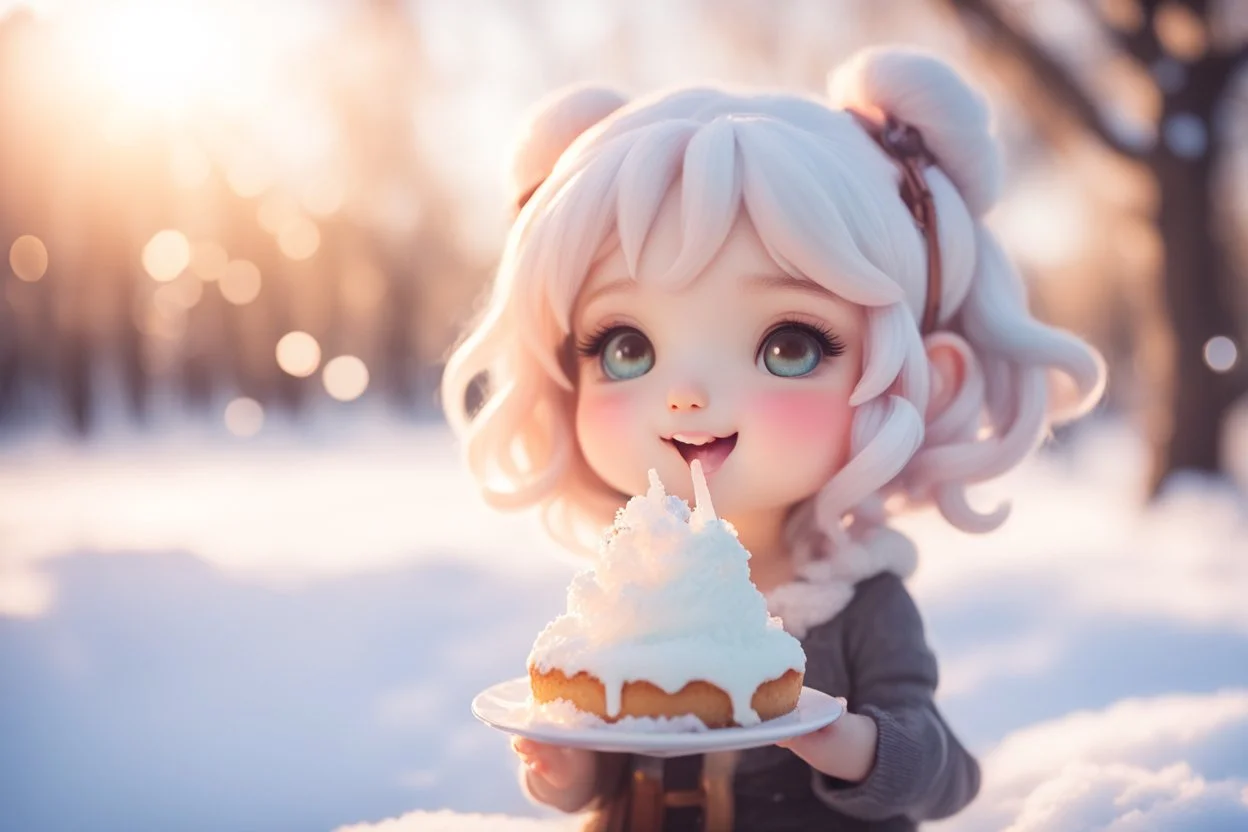 cute chibi girl eating snowcake in sunshine ethereal, cinematic postprocessing, bokeh, dof