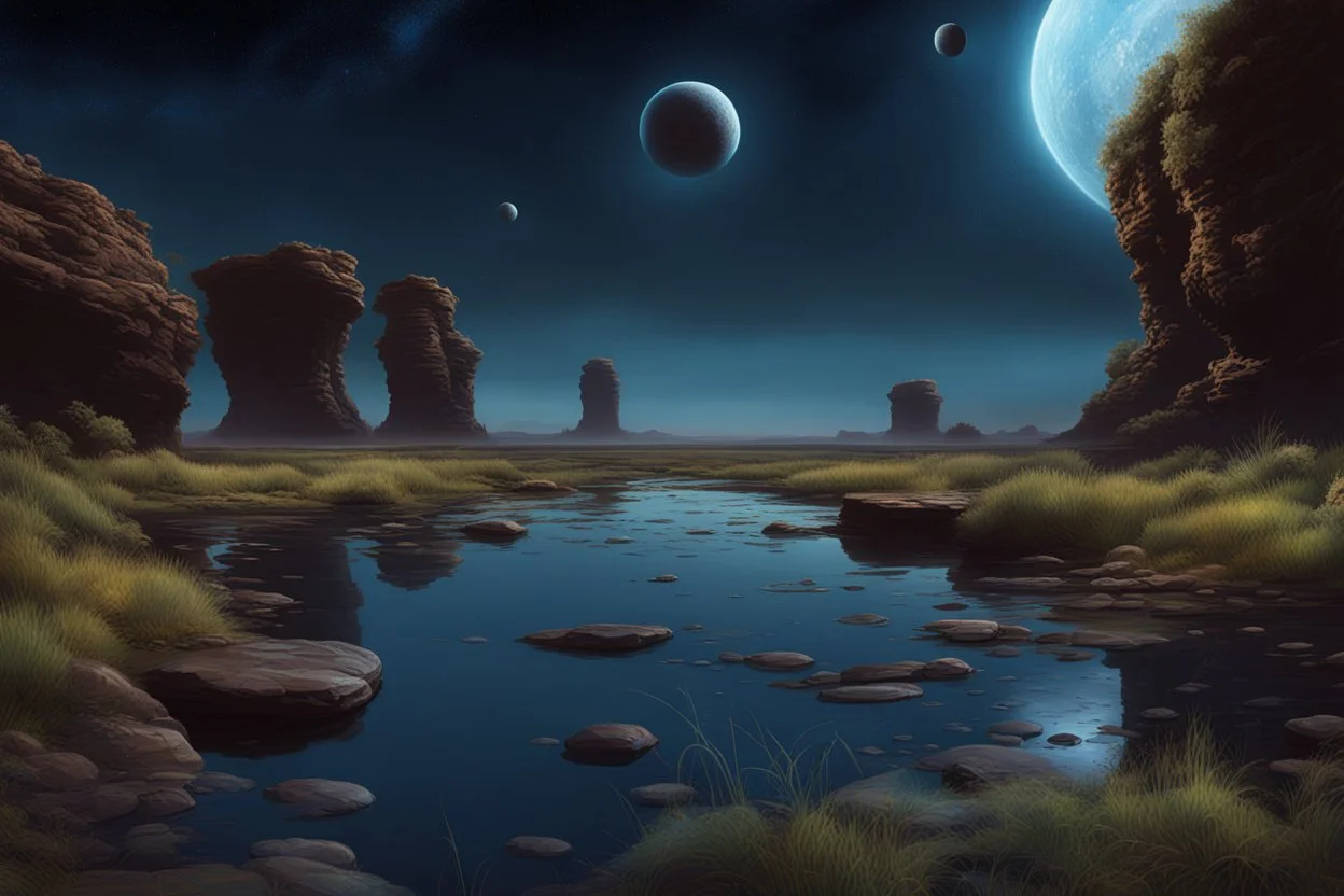 Dark blue sky with one exoplanet in the horizon, rocks, cliffs, puddle, weeds, sci-fi movies influence, movie wallpaper, epic, ernest welvaert and charles leickert impressionism paintings