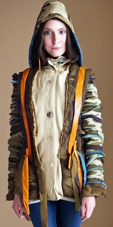 Image shows wholly a young Brunette woman. average body type. Mantle is sewed of recycled Denim and sewed together of camouflage pieces. Camouflage colors are orange,terracotta, cream and purple. Cream latex gaiter. More yellow(Munsell)!!!Big bright purple/khaki felt tippet and cream or blue or lilac colored-hood. mantle is merged with satchel. . AKG-style headphones (gold rings!) is merged with small felt cap with small visor. Style: Haute Couture in 1936, Paris fashion in 2023.