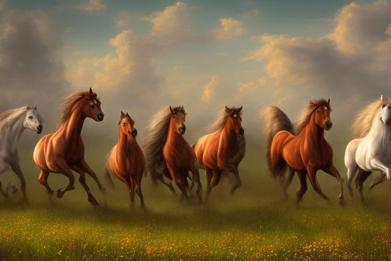 illustration horses of different colors in a field from afar