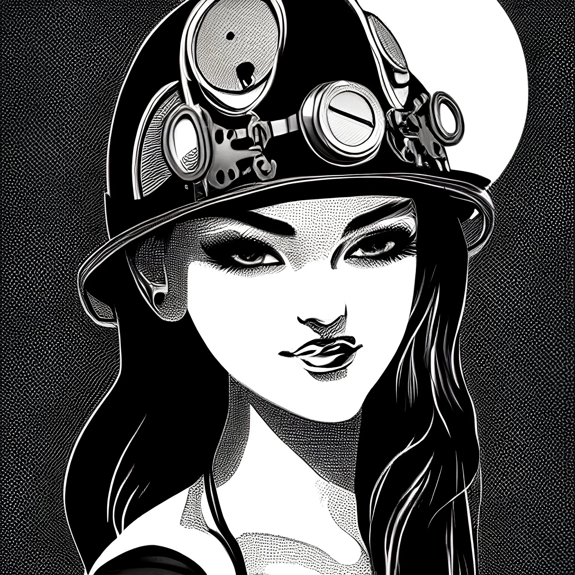 great illustrator, spanish, sketch of a girl, beautiful, steampunk syle, black and white. Helmet with tubes.