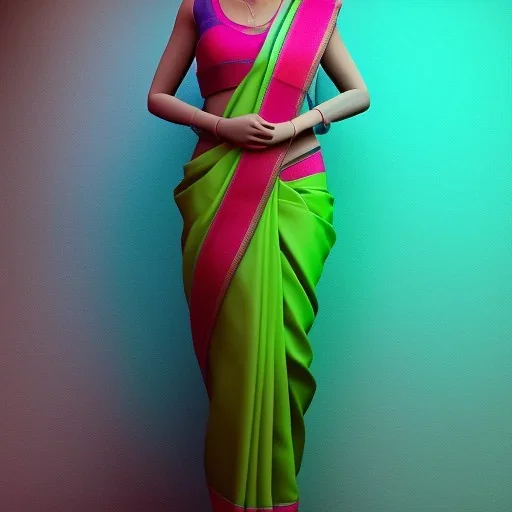 full body photo of a girl in saree in dark room with neon light ,hyperrealistic,detailed,8k,cinematic