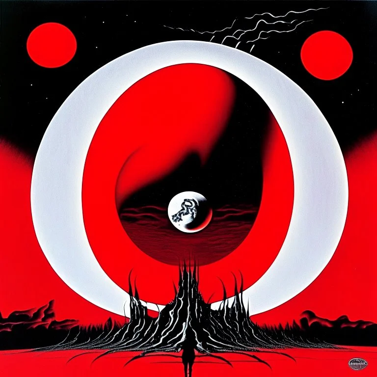 Foetus Album cover, red and black and white color scheme, The moon's so full it's spilling over There ain't no hope in Hell, Hipgnosis album art, by Greald Scarfe, dread, surreal, sinister, profound, minimalist, dramatic, N(t)=N0​⋅e−kt