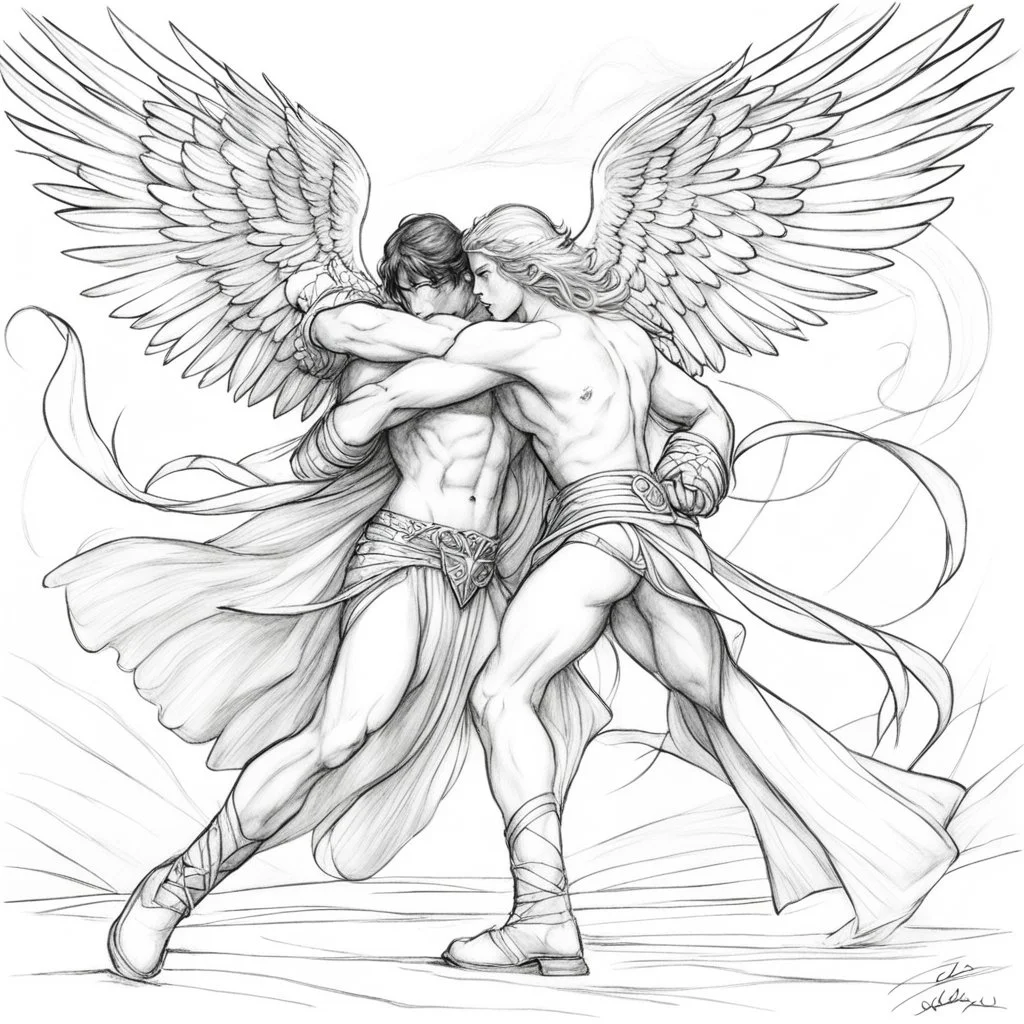 pencil sketch:: single line:: fantasy art, Jacob wrestling with angel.