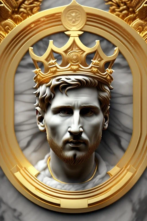 Ultra Realistic image, Roman sculpture, clean white marble material, Lionel Messi, gold Laurel leaves wreath, god crown, renaissance ornaments, one gold star in heart, sun ornament, sun rays background, chisel style, waist up portrait, emperor style, epic, celestial, cinematic lighting, God light, god rays, 4k resolution, smooth details, ornate details, soft lighting, unreal engine 5, art station, substance 3d.