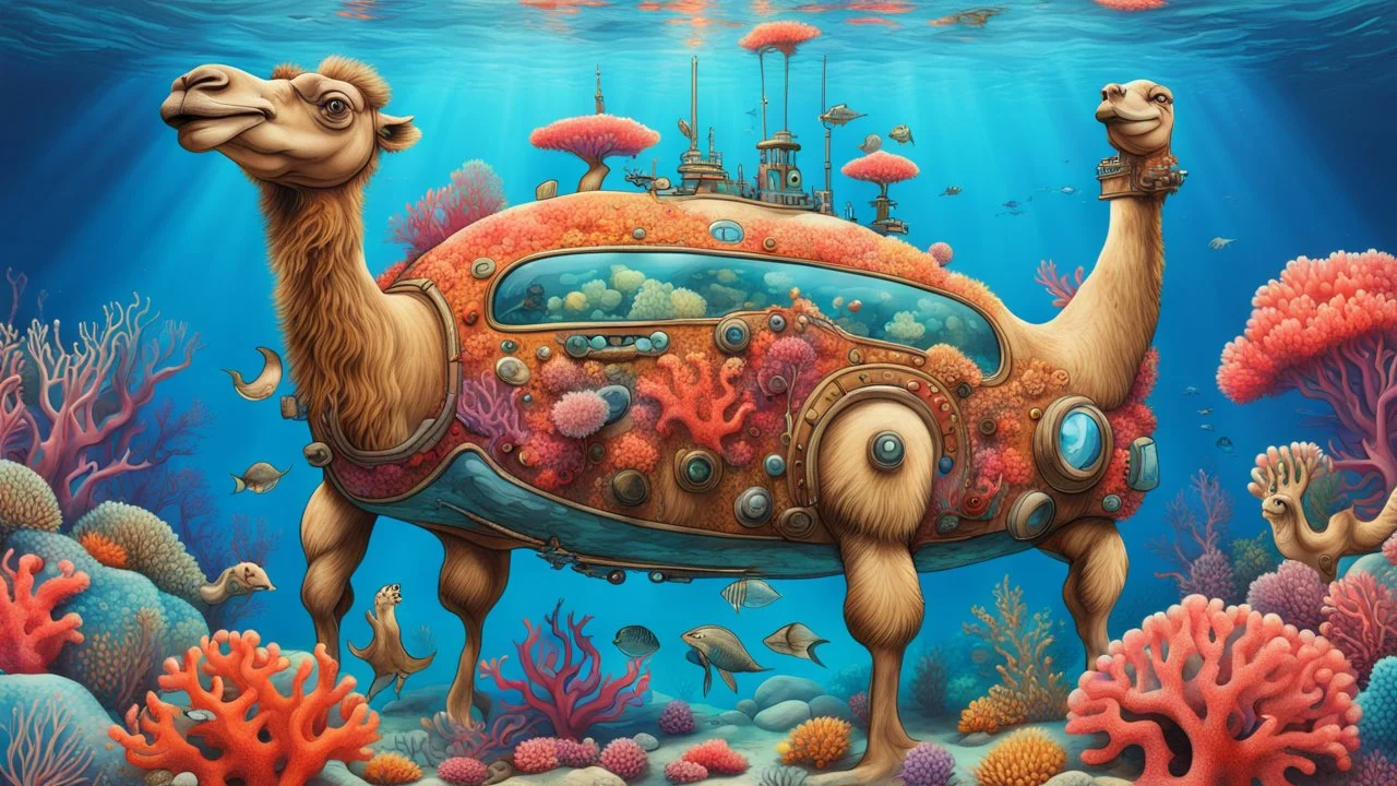 Surreal and humorous illustration of a camel-shaped submarine, underwater, with colorful coral reef and marine life surrounding it, by Salvador Dali meets Dr. Seuss style, vibrant colors, intricate details