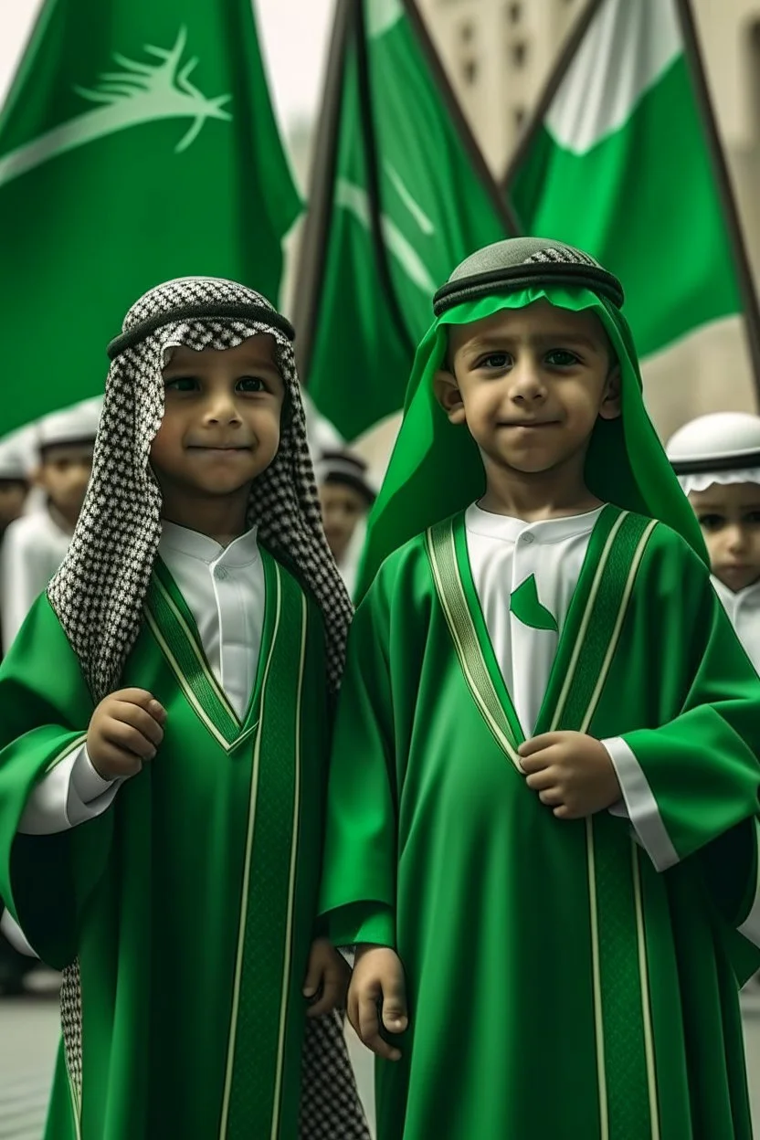 Saudi children holding the Saudi flag