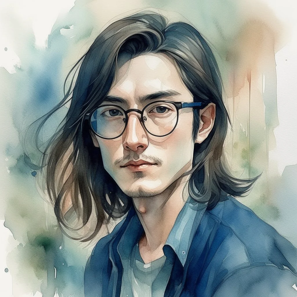 watercolour, large strokes, stylistic, portrait, illustration, dull colours, young, 20-something male, really long black hair, brown eyes, has a certain aura of confidence,sharp facial features, slick angular glasses.