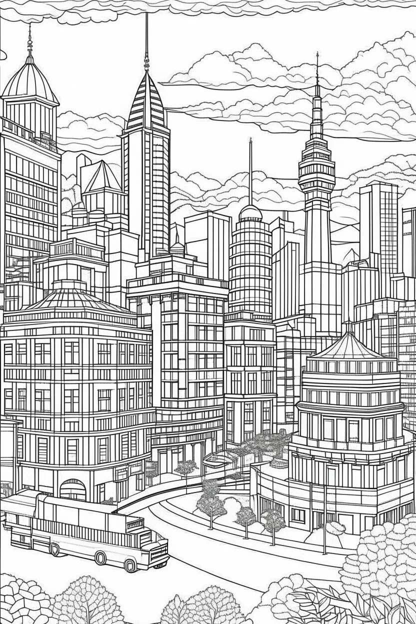 various architectural landmarks and cityscapes, coloring book page, simple and clean line art, adult drawing book, low details, black and white, crisp black lines, no shades, sharp lines, coloring book for adults, cartoon style, landscape