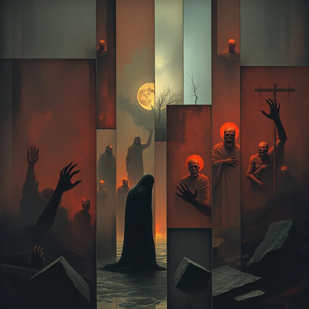 nihilism, mourning damned souls. gnostic damned regression tragedy, segmented color illustration, by Dave McKean and VS Gaitonde and Zdzislaw Beksinski, surreal, horror, fragmented minimalist composition, overlapping cel boxes offset, moody, sinister