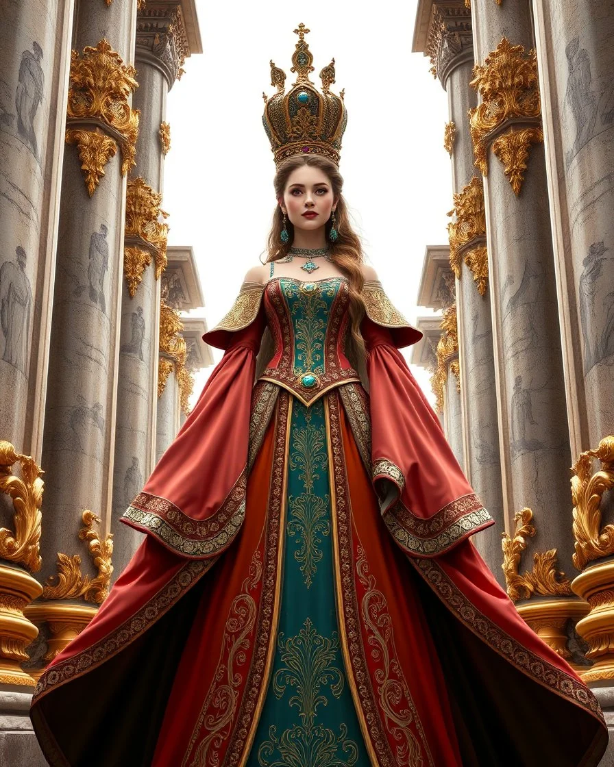 A beautiful Queen in a luxurious and detailed costume, standing among magnificent architectural columns. Wearing a long colors dress with very intricate ornamental details. The dress is equipped with long and wide sleeves, and decorations on the chest and waist that look like medals or emblems. Above the character's head is a large crown,The architectural columns around the character are also very detailed, with gold carvings and ornament