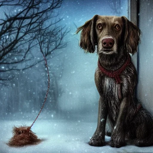 sad, scared, lonely dog tied with a short leash outside of a house, winter, 8k resolution, high-quality, fine-detail, intricate, digital art, detailed matte, volumetric lighting, illustration, 3D octane render, brian froud, howard lyon, selina french, anna dittmann, annie stokes, lisa parker, greg rutowski