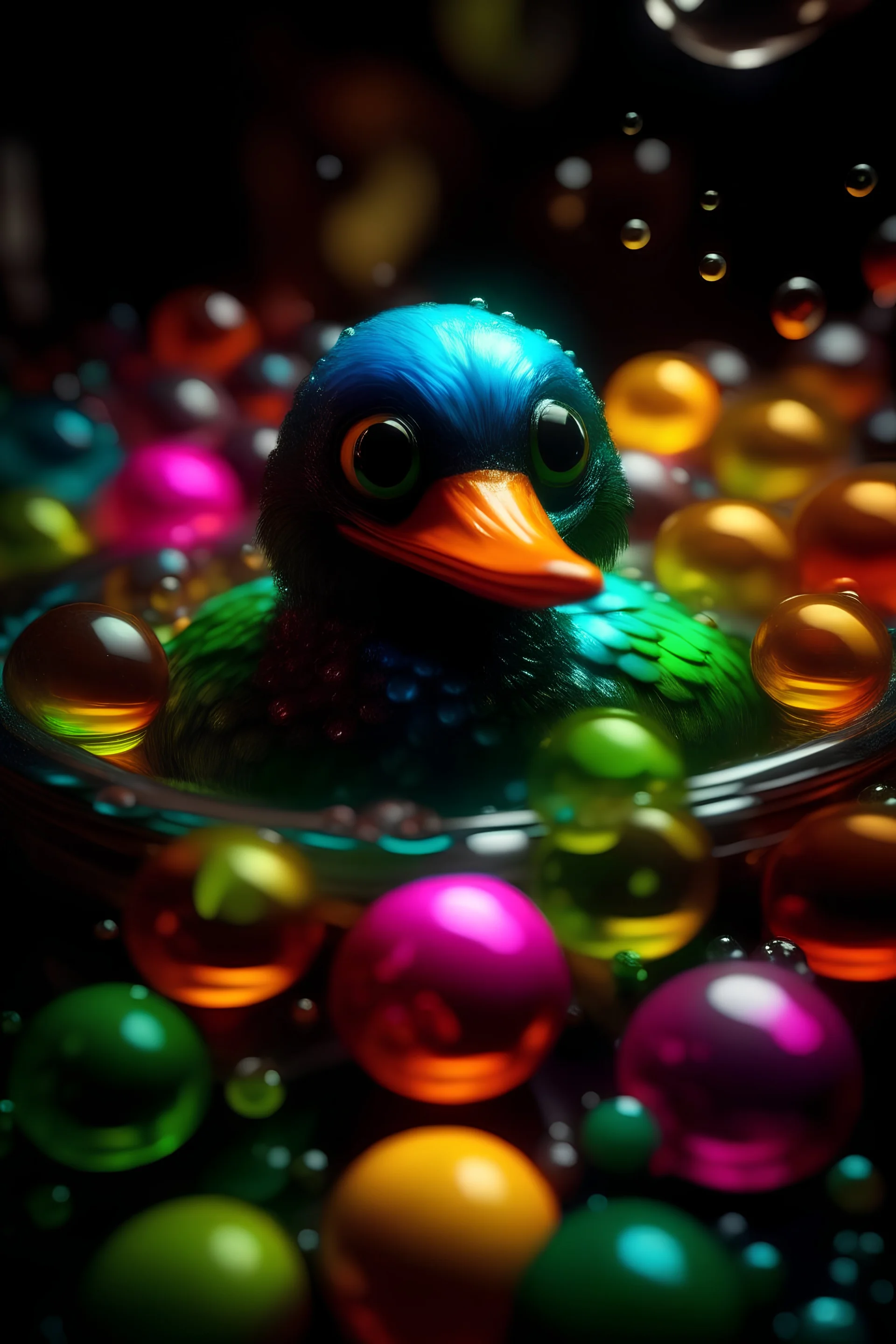 portrait of duck wolf gorilla inside a pile of transparent jelly bubbles of weird colors with insect aliens inside, disco egg made of small mirror, light rayz, feast table ,shot on Hasselblad h6d-400c, zeiss prime lens, bokeh like f/0.8, tilt-shift lens 8k, high detail, smooth render, down-light, unreal engine, prize winning