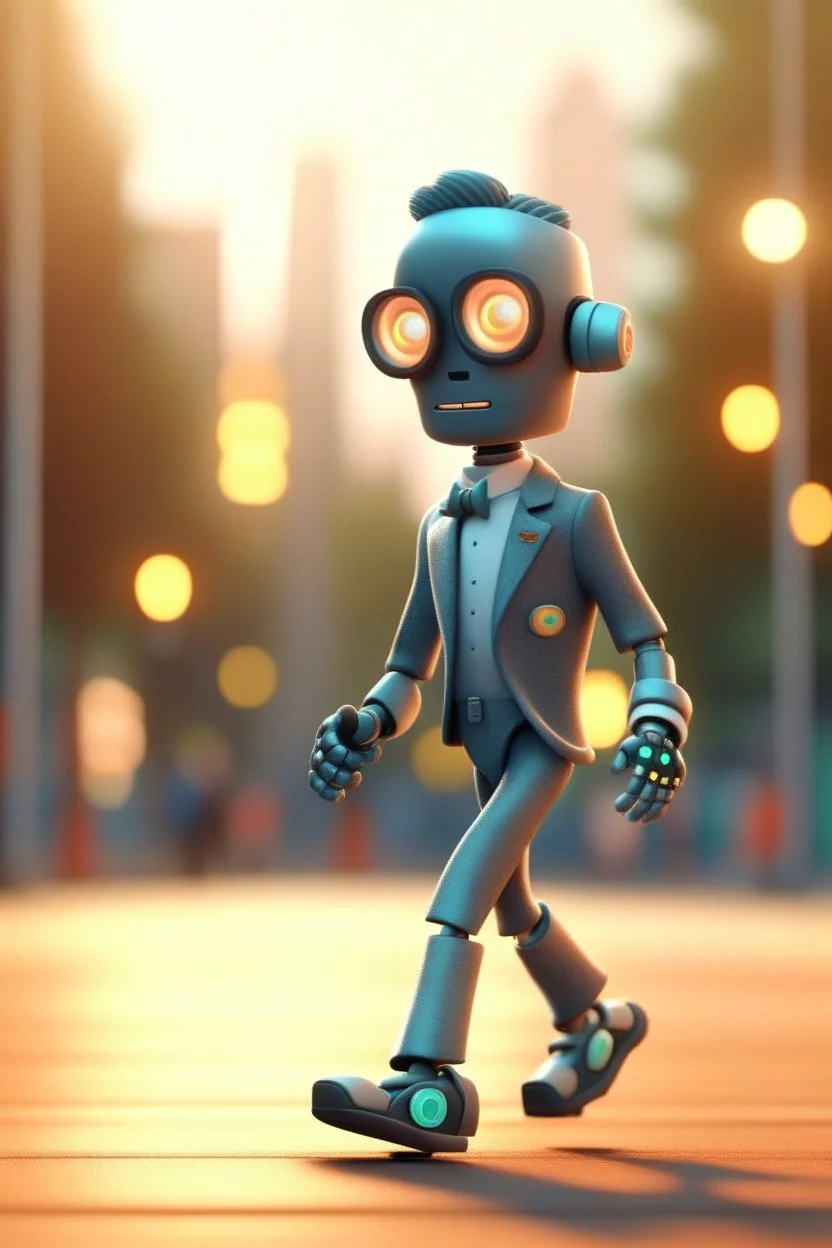 60s cute chat robot with suit and tie and rollerskates,in skating park, its such a perfect day, motion blur, smoke, 8k, downlight, soft light, depth of field, photorealism, trending on art station, some detail