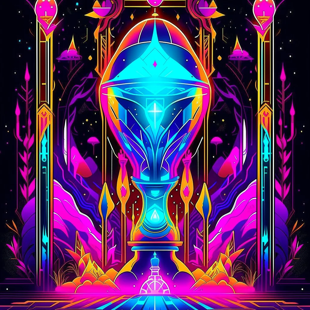 Digitalized Sacred hourglass, Neon space retro, cyberwave, by Petros Afshar, abstract art, maximalism, synthwave, meditative brillance,