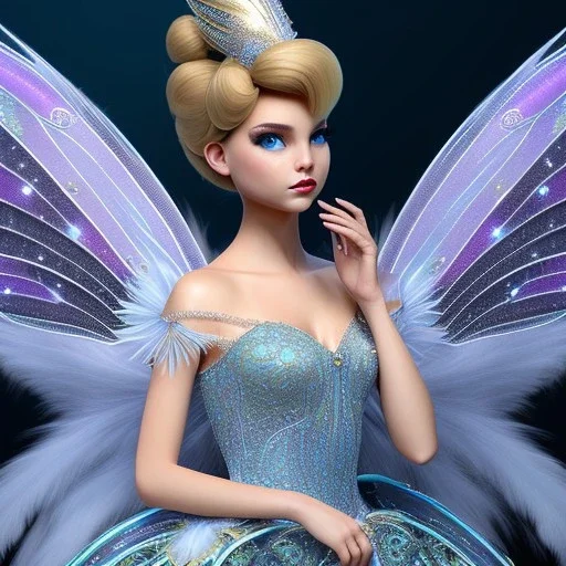 Tinker Bell fairy,detailed eyes, disturbed expression.intricate detaile,thnically accurate face, intricate head dress,intricate blu fairy dress, detailed hair, detailed feathers,fairy wings use dynamic palette, accurate proportions, high contrast black smokey bokeh background. andrei bonelli style.