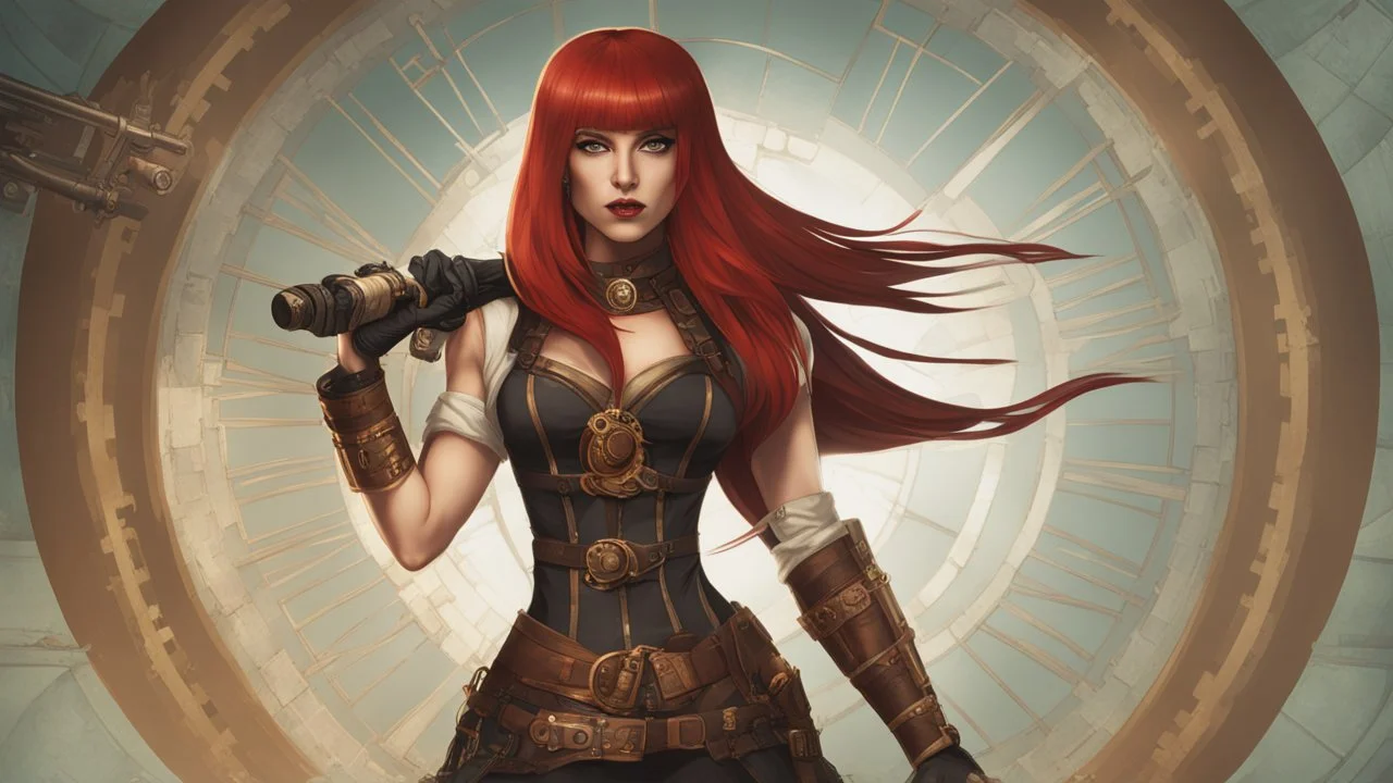 full body and headshot of a skinny Cleopatra, with long straight red hair, dressed as an assassin standing in a steampunk setting.