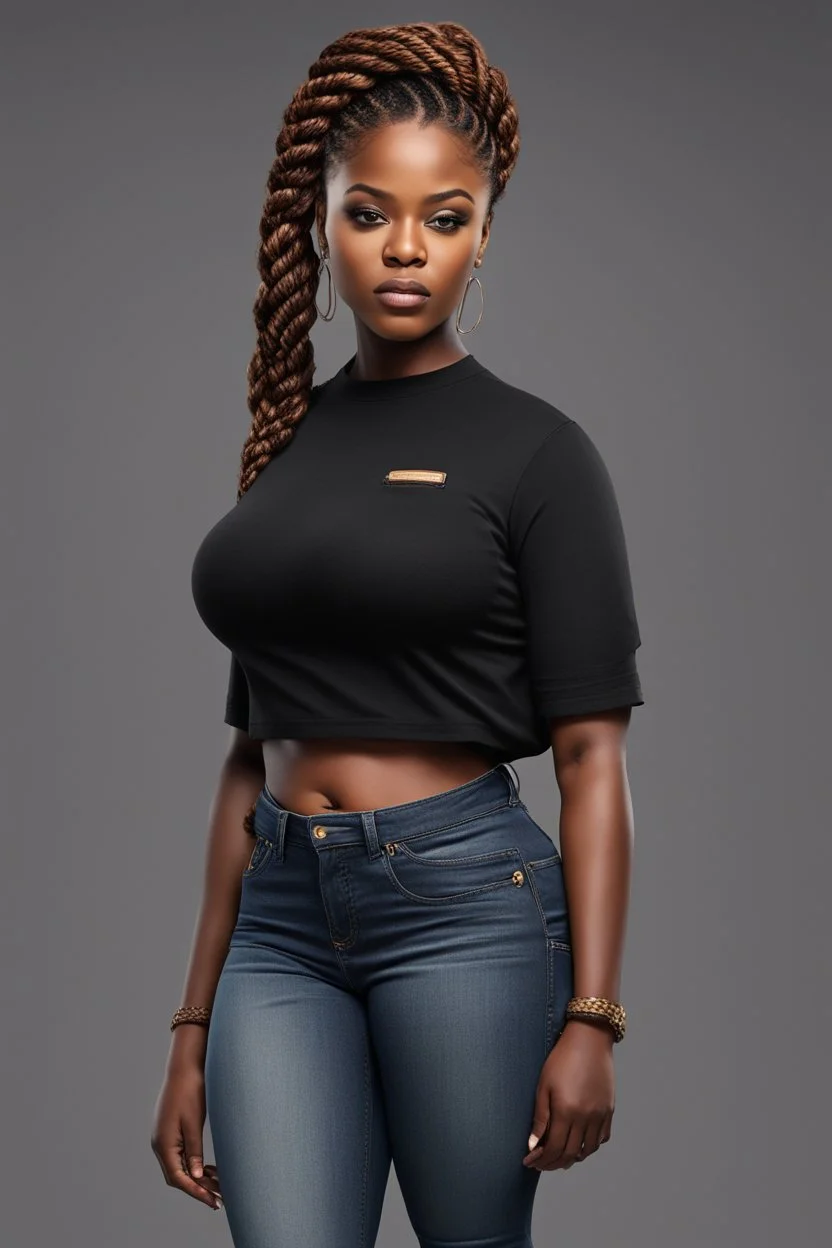 Create a digital image of a curvy black female wearing tight cut up jeans and a black tshirt with timberland boots. Prominent make up with hazel eyes. Highly detail two twist braids going down her head.