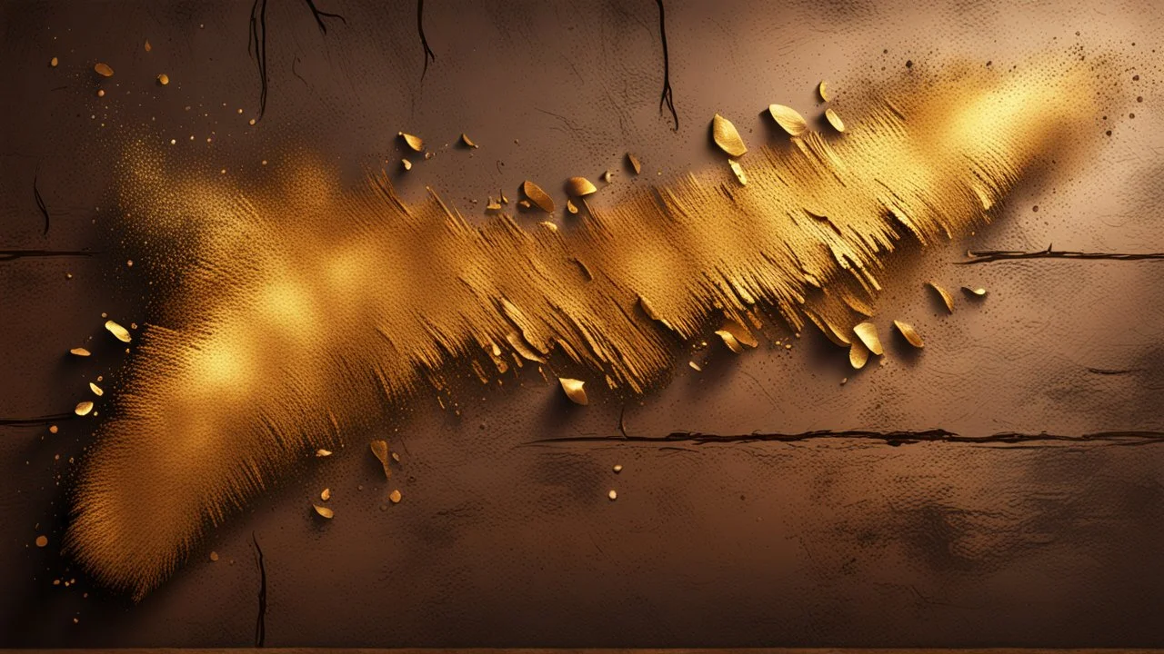 Hyper Realistic glowing-golden-brush-patches-texture-with-embers on brown-rustic-wall-background with shadows