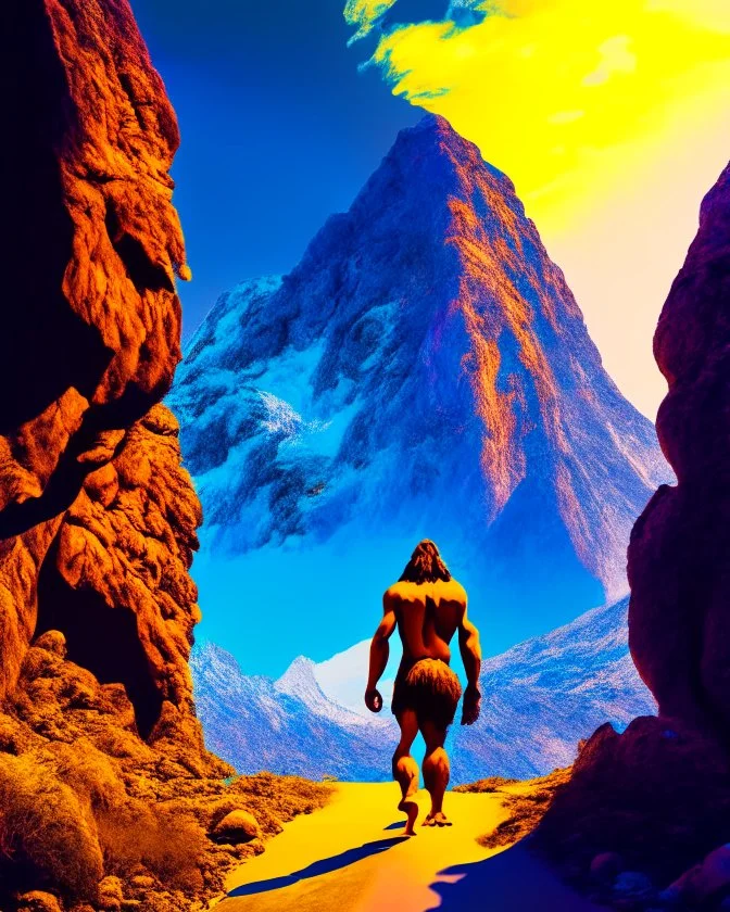 Imagina el hombre de Neandertal caminando de frente a la camara por montañas colores complementarios arte digital foto realista obra de arte hiperdetallada intrincada sombras 3D iluminación cinematografica 8k 3D cuerpo completo clima soleado nubes