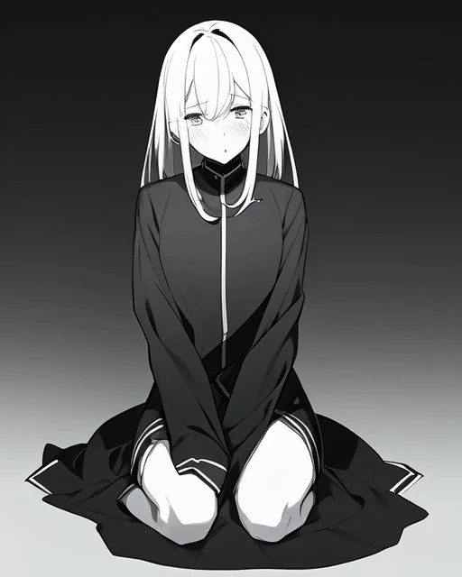 emotionless, numb, black and white, anime girl sitting with black background