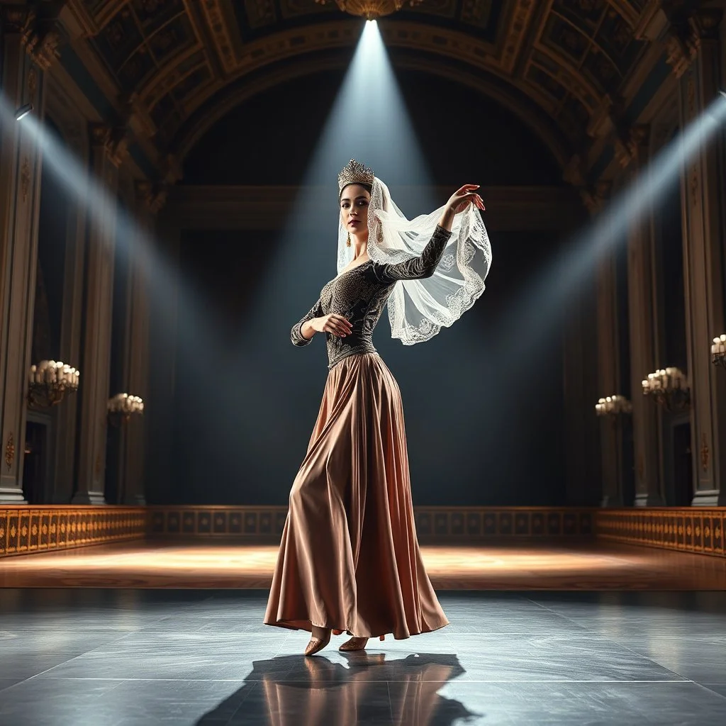 A full-body cinematic photograph of a graceful Azerbaijani woman performing a traditional national dance. She wears an intricately embroidered velvet bodice and a flowing long silk skirt. On her head is a small ornate traditional crown with a long, translucent white lace veil flowing elegantly behind her. She stands in a poised, elegant dance pose on a sleek modern performance stage with dramatic professional spotlighting. The stage is set inside a massive opulent royal hall with high ceilings,