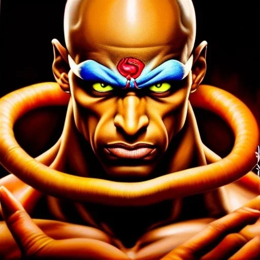 Ultra detailed fullbody Portrait in oil on canvas of Street Fighter- Dhalsim,extremely detailed digital painting,ultrarealistic skin,intense stare, extremely detailed face, crystal clear eyes, mystical colors ,perfectly centered image, perfect composition, rim light, beautiful lighting,masterpiece ,8k, stunning scene, raytracing, anatomically correct, in the style of Simon Bisley and Ohrai Noriyoshi and robert e howard and Steve Jung and frank frazetta.