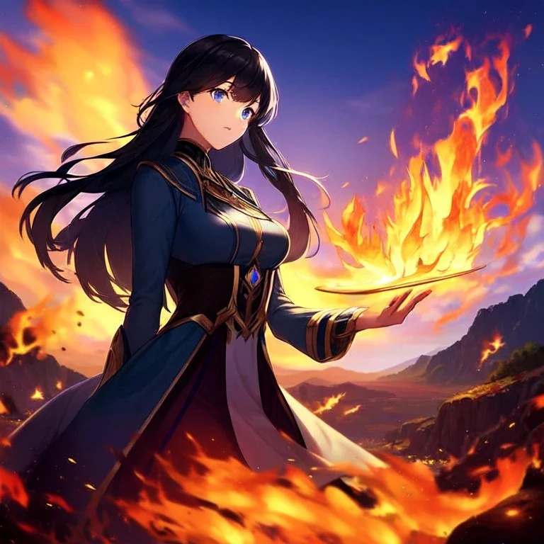 girl, masterpiece, best quality, cinematic lighting, detailed outfit, perfect eyes, long hair, black hair, vibrant blue eyes, girl, fire magic, landscape,