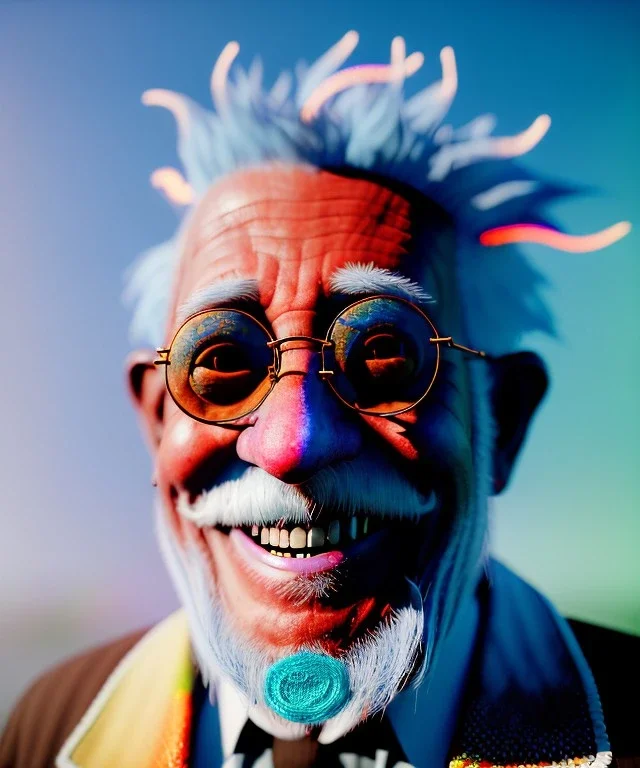 Ultra Realistic photo, medium shot view, drunken sweet happy old man, carnival scene, monster hair, steampunk style. Blue hair, confeti, smile, happy, festival, ovnis, gradient color fog. highly detailed, concept art, unreal engine 5, ray tracing, RTX, lumen lighting, ultra detail, volumetric lighting, 3d, finely drawn, high definition, high resolution.