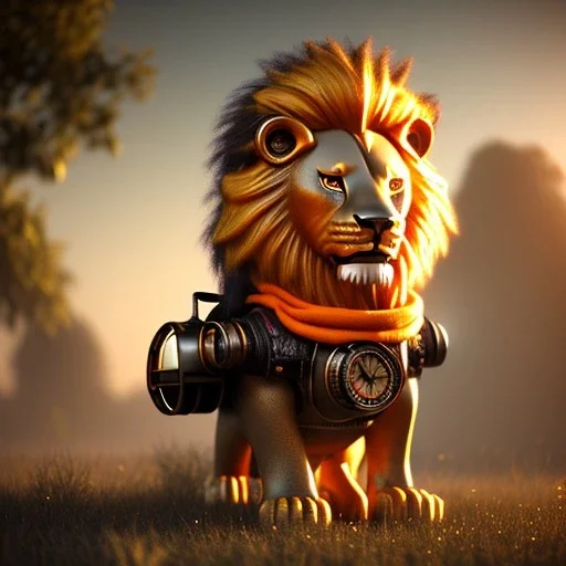 Lion toddler, smile, steampunk headphone, sunglass, gangsta neckless, full body, orange puffer jacket, tokio background, dramatic lighting, hyper realistic, unreal engine 5, 16k