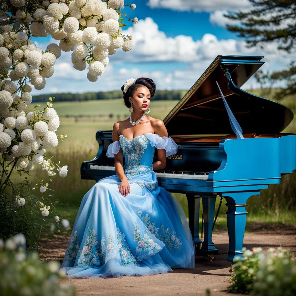 fullbody girl makeup wearing a victorian dress sitting to a grand piano in country side ,flowers ,pretty clouds in blue sky