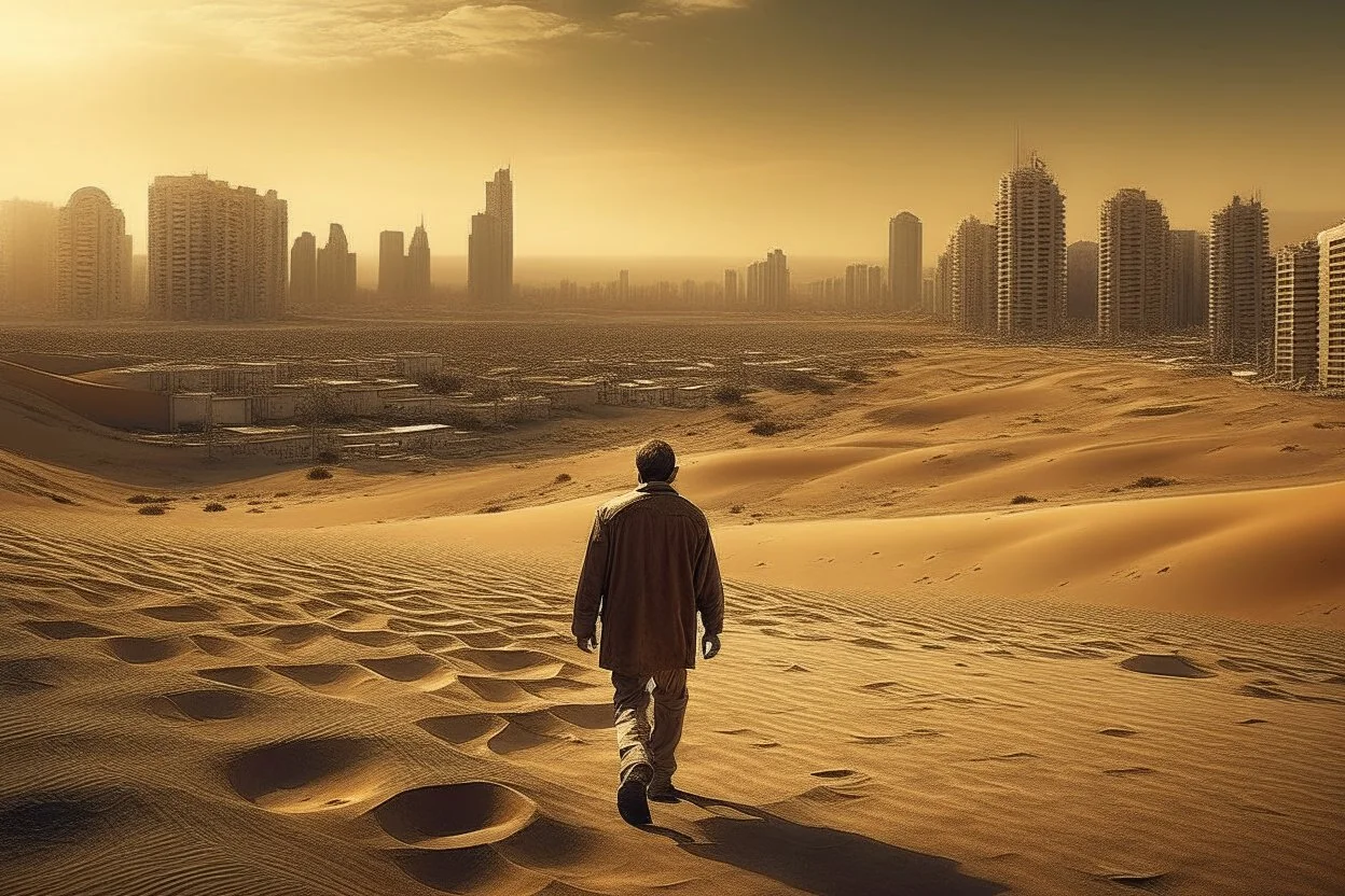 A man walks, leaving the city behind, entering a patch of arid land, warm color, real photography, current events, 16K