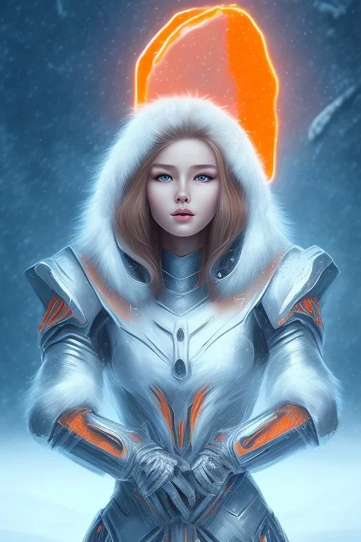 portrait of a beautiful girl, wearing glowing orange armor, futuristic armor, natural posture, nice smile, holographic sword, snowy mountain background, snow, fur cloak