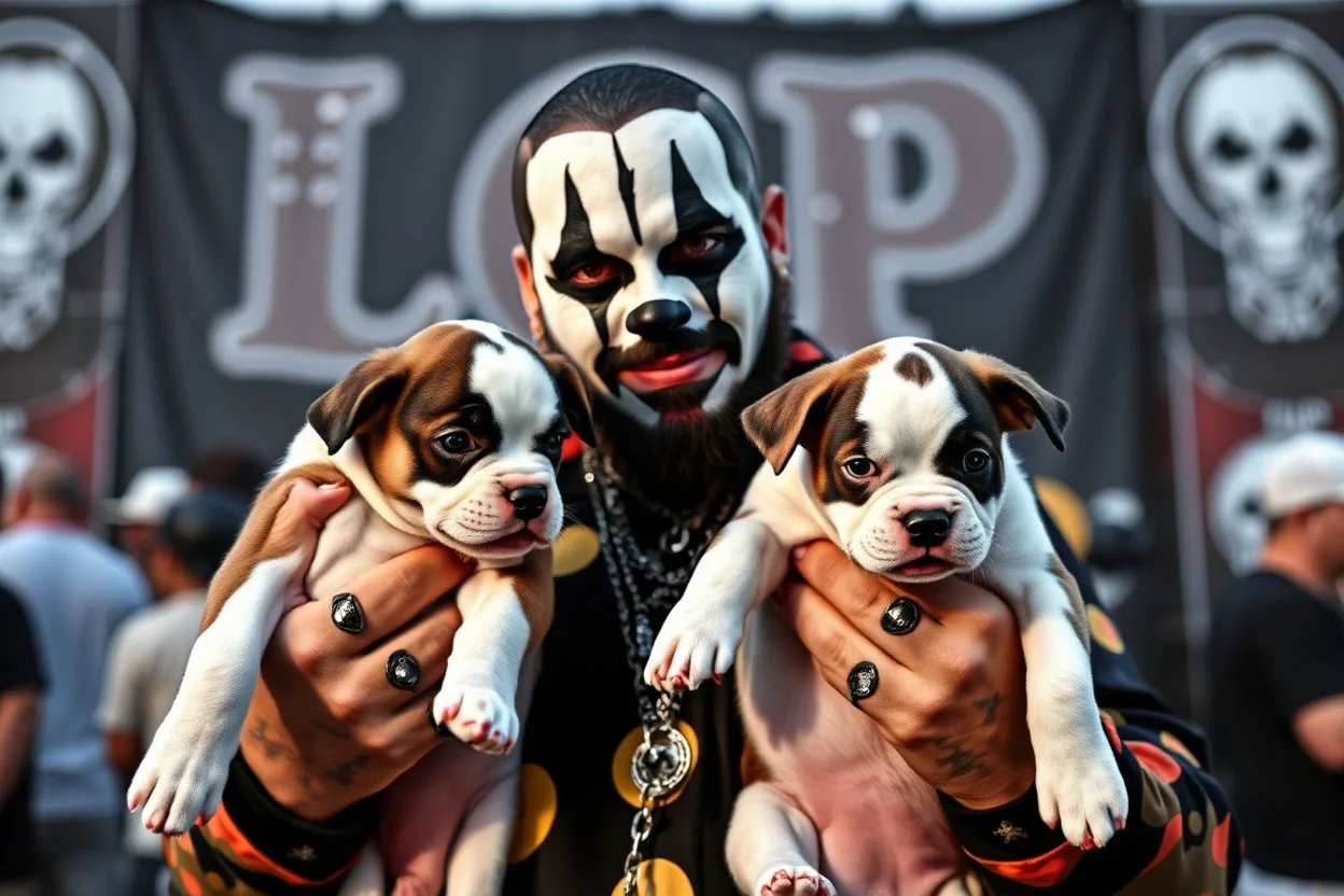 make an color image of rapper Violent J of ICP Insane Clown Posse holding two puppies whose faces the have Insane Clown Posse Juggalo black and white face paint, ICP, background is a ICP rap festival