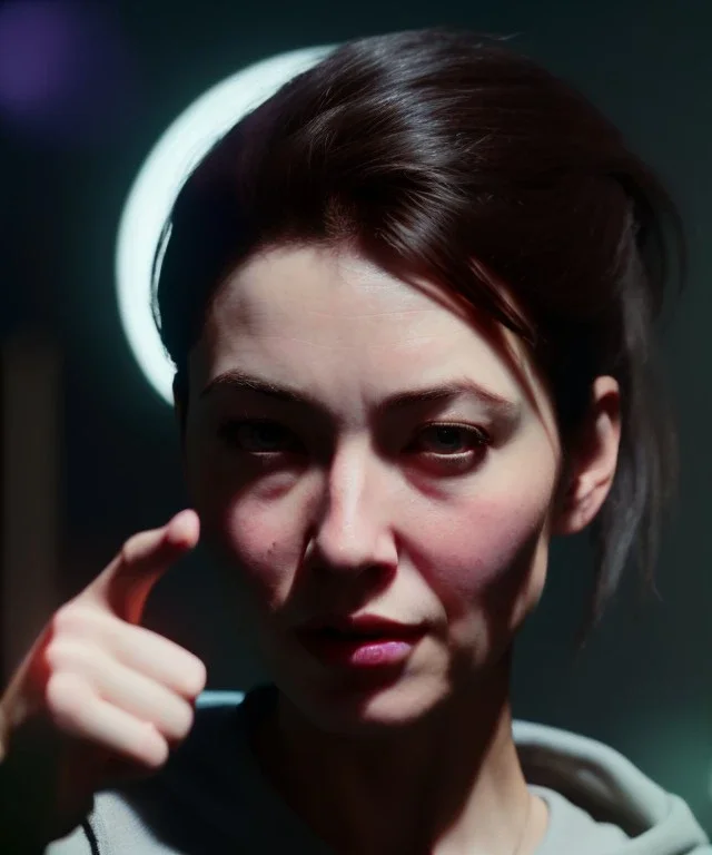 Ultra Realistic image portrait, medium shot view, woman making the fuck you finger gesture, highly detailed, unreal engine 5, RTX, ultra detail, volumetric lighting, finely drawn, high definition, high resolution.