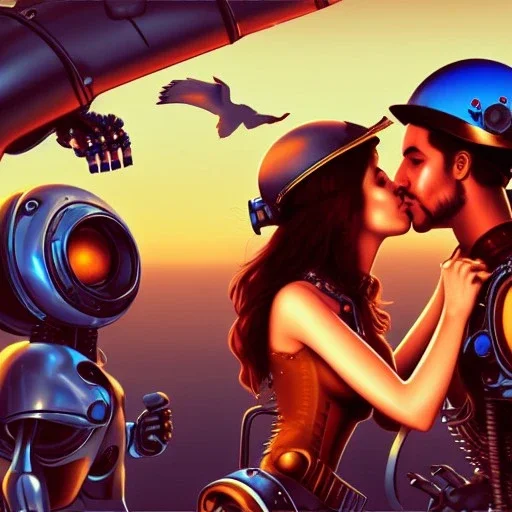 great illustrator, spanish, realistic rendering of a cute spanish girl kissing a robot man, beautiful, steampunk style. Helmet with tubes. Machinery in the background. robotic bird flying. High details. 4k. unreal engine, sunset