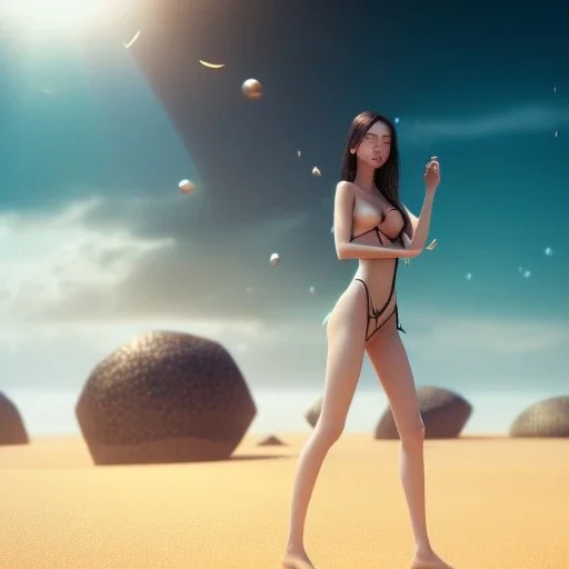 Asian women on the beach hot day atmospheric, realistic, unreal engine, lighting, octane render, full body, pleasuring