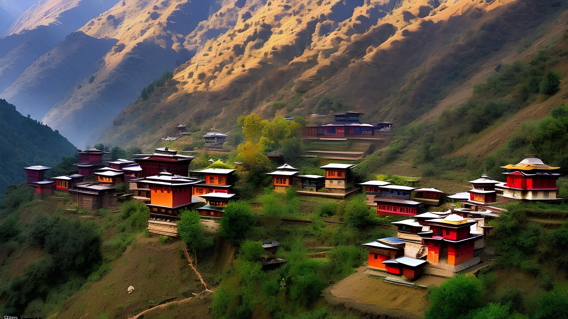 stregtegning orientalsk stil: dal i Himalaya bjergene med traditionel landsby på dalens bund og et ensomt beliggende kloster.